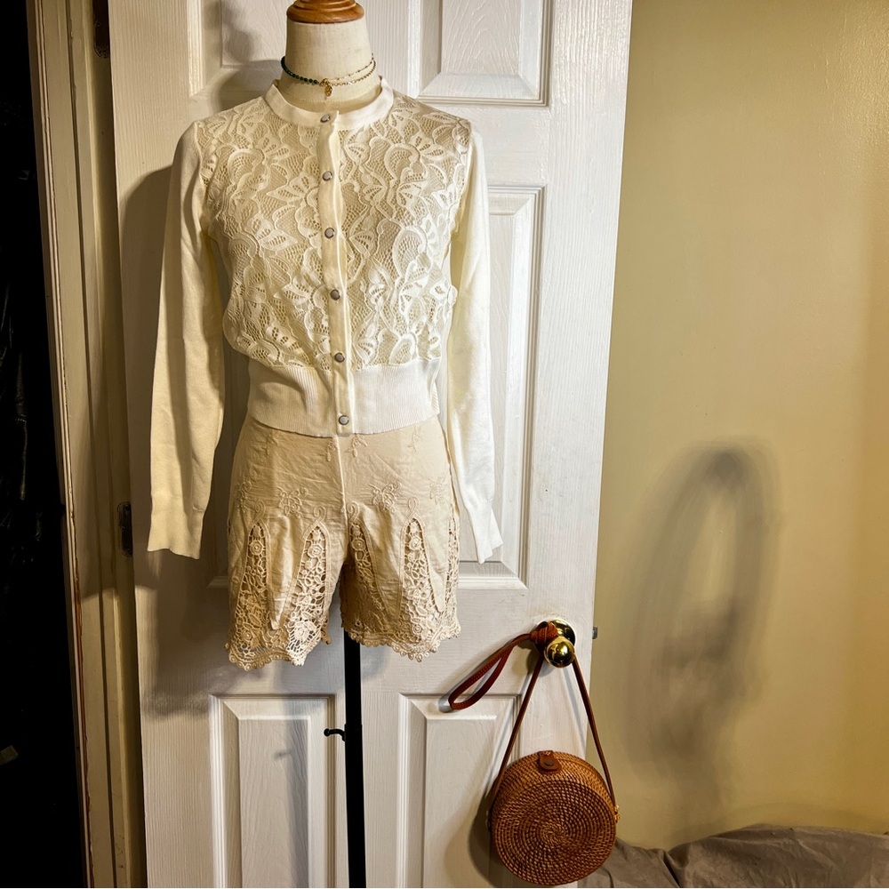New Luxxe Lane Wms Lace Sheer Floral Inset Crop White Retro Chic Cardigan S M L